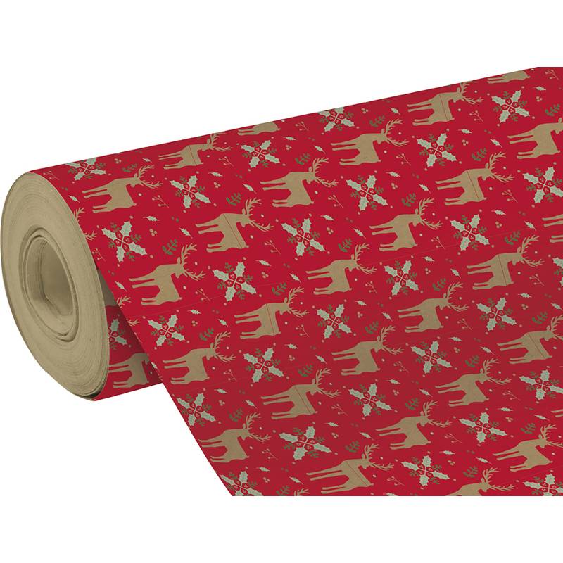 Rolle rotes Weihnachtsgeschenkpapier mit beige Rentieren und Blumenmuster
