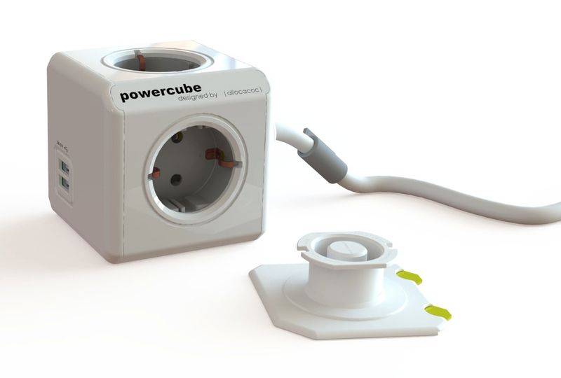 allocacoc PowerCube DuoUSB Extended Grau EU, 4 fach Steckdosenverteiler mit 2,1 A USB Ladestrom, Weiß Grau