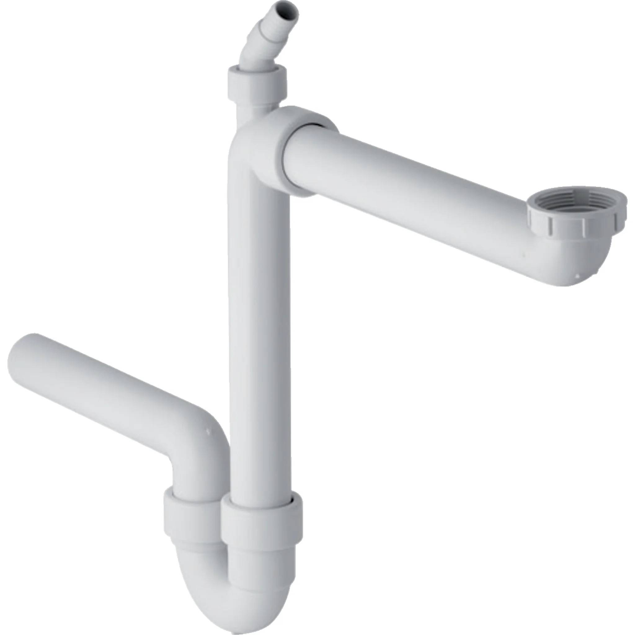 Weiße Kunststoff-Spülbeckenabflussrohranlage mit U-Bogen und horizontalem Arm, dargestellt vor einem einfachen Hintergrund.