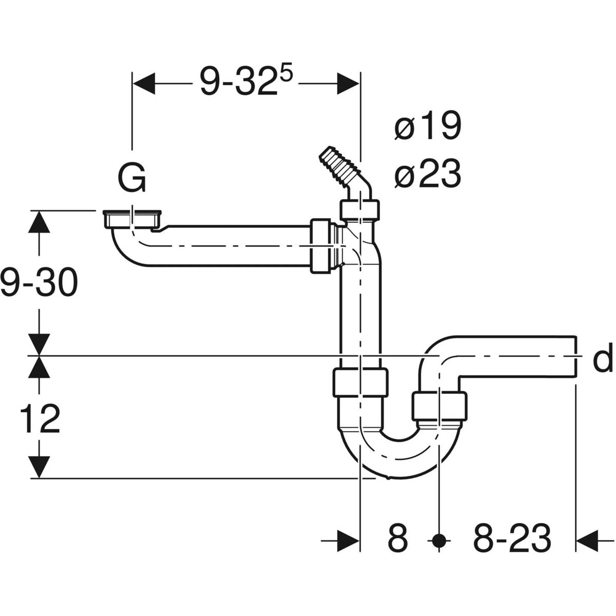 Technisches Diagramm einer Rohrleitungsanlagenkomponente mit beschrifteten Abmessungen in Millimetern, einschließlich G, ø19, ø23, 8, 8-23, 12 und 9-30 / 9-325.