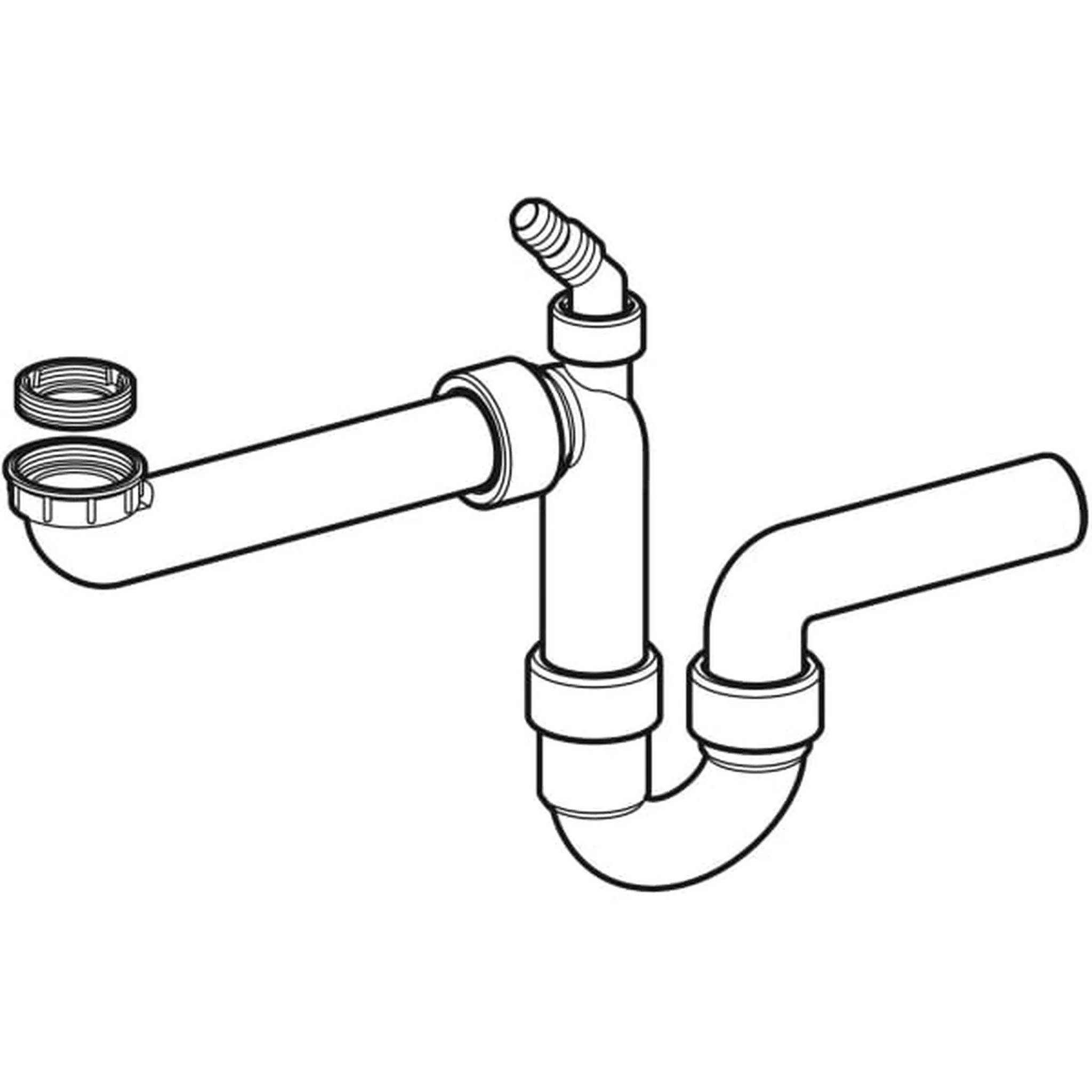 Diagramm einer Spülbeckenablaufsiphon- und Rohrmontage mit Gewinde-Verbindungsstücken und zwei Rohröffnungen, die zur Installation getrennt sind.
