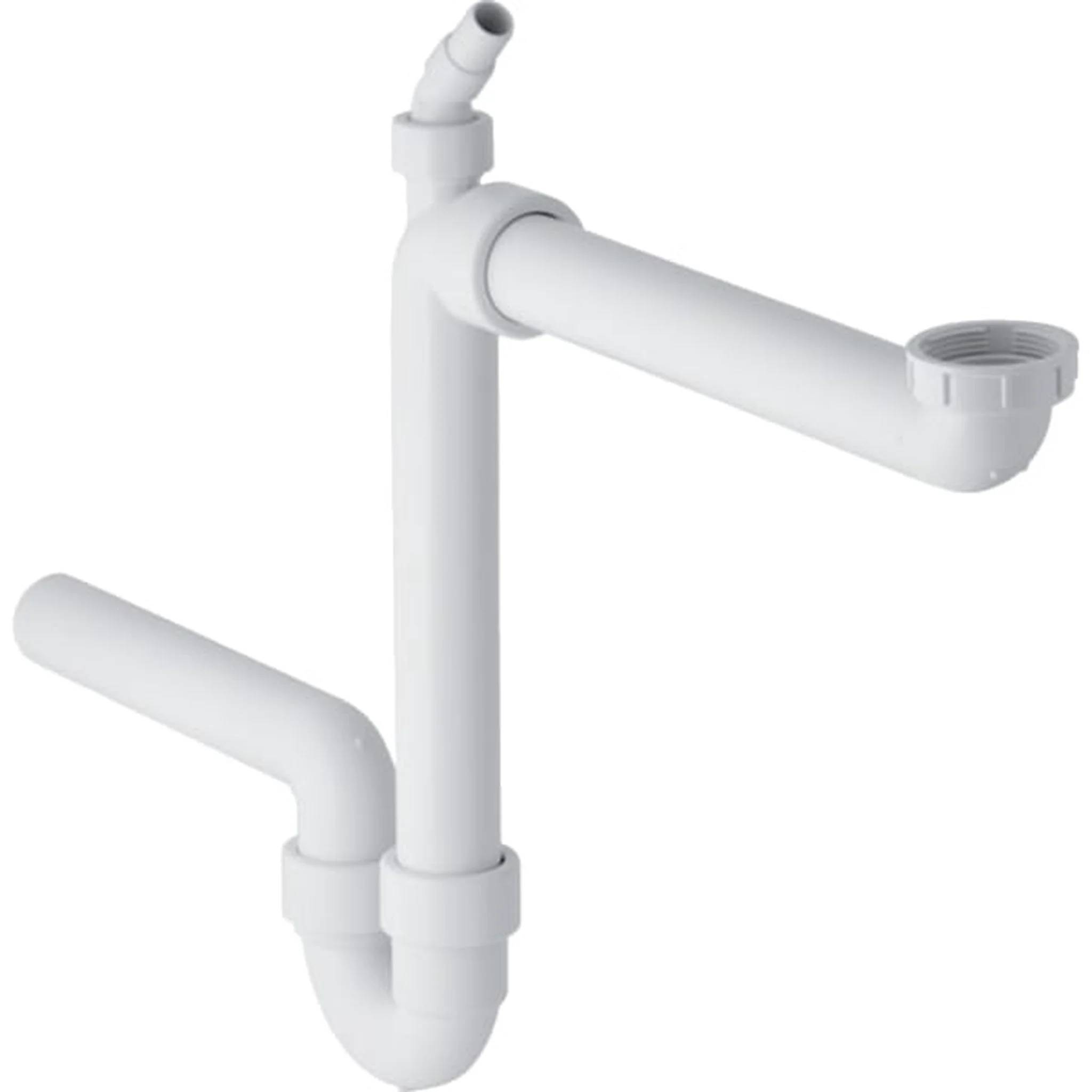 Weißer Kunststoff-Siphon für Waschbecken mit Seiteneinlass und horizontalem Auslassrohr, isoliert auf weißem Hintergrund dargestellt.