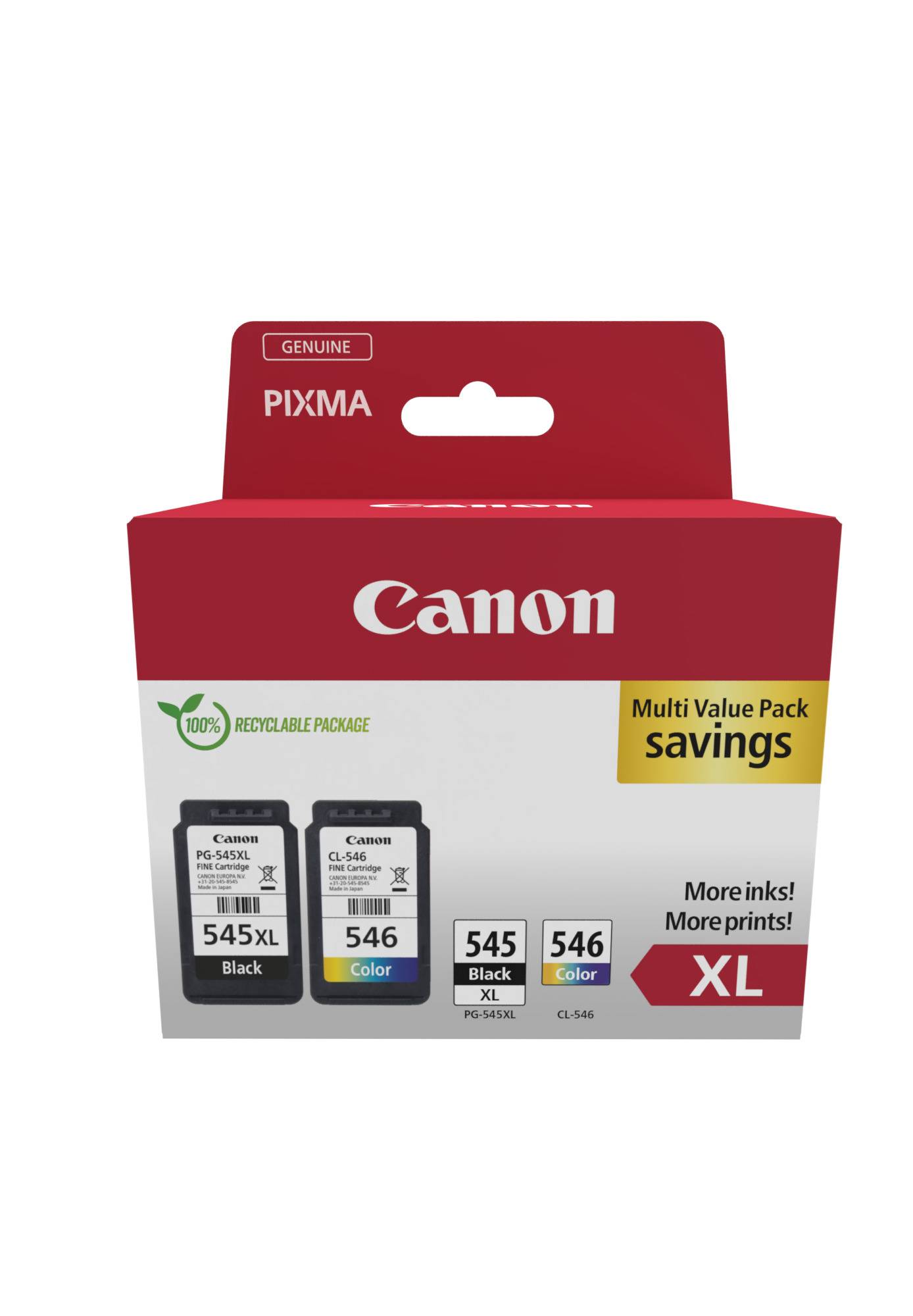 Canon PIXMA Original Multipack Druckertintenbehälter, zeigt schwarze 545XL und farbige 546XL Patronen und ein 
