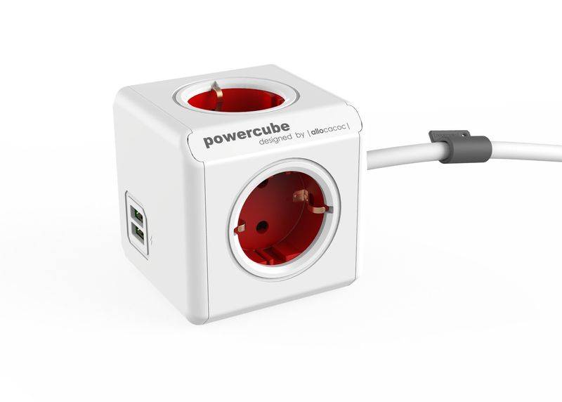 allocacoc PowerCube DuoUSB Extended Rot EU (10A max.), 4 fach Steckdosenverteiler mit 2,1 A USB Ladestrom, Weiß Rot