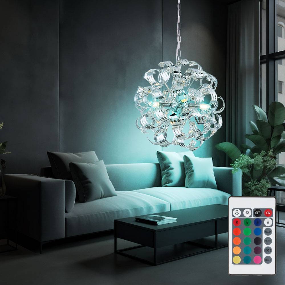 Pendelleuchte Hängelampe Esstischleuchte chrom Wohnzimmerlampe Hängeleuchte 4 flammig, Metall Acryl, 4x E14 RGB LED dimmbar Fernbedienung, 4,8W 470L