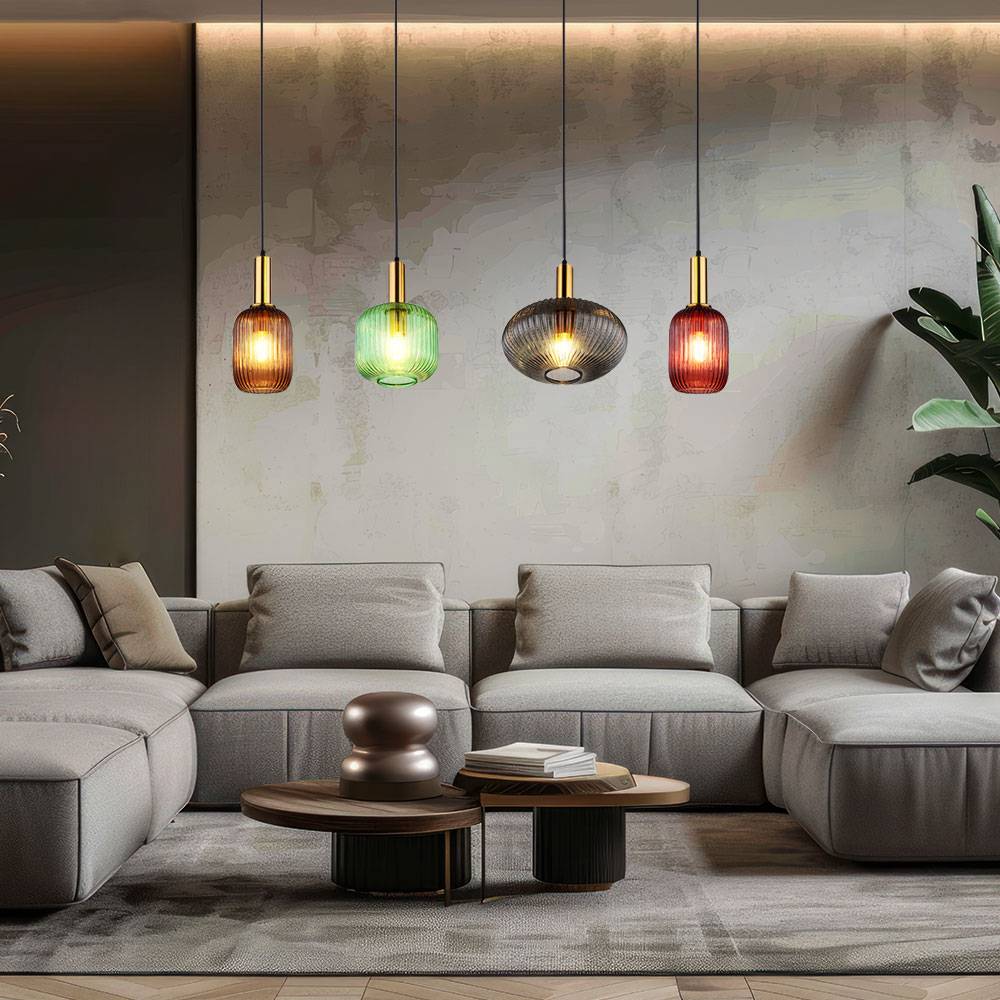 Pendelleuchte Hängelampe Esszimmerleuchte, 4-flammig, Retro Designlampe, Bunte Glasschirme, Metall, messing schwarz, 4x E27, LxBxH 115x30x120 cm