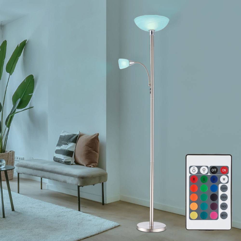 Stehleuchte Deckenfluter Wohnzimmerlampe Schlafzimmerleuchte Stehlampe, Metall Glas nickel Chrom, RGB LED dimmbar Fernbedienung, 1x E24 1x E27