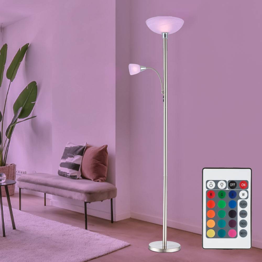 Stehleuchte Deckenfluter Wohnzimmerlampe Schlafzimmerleuchte Stehlampe, Metall Glas nickel Chrom, RGB LED dimmbar Fernbedienung, 1x E24 1x E27