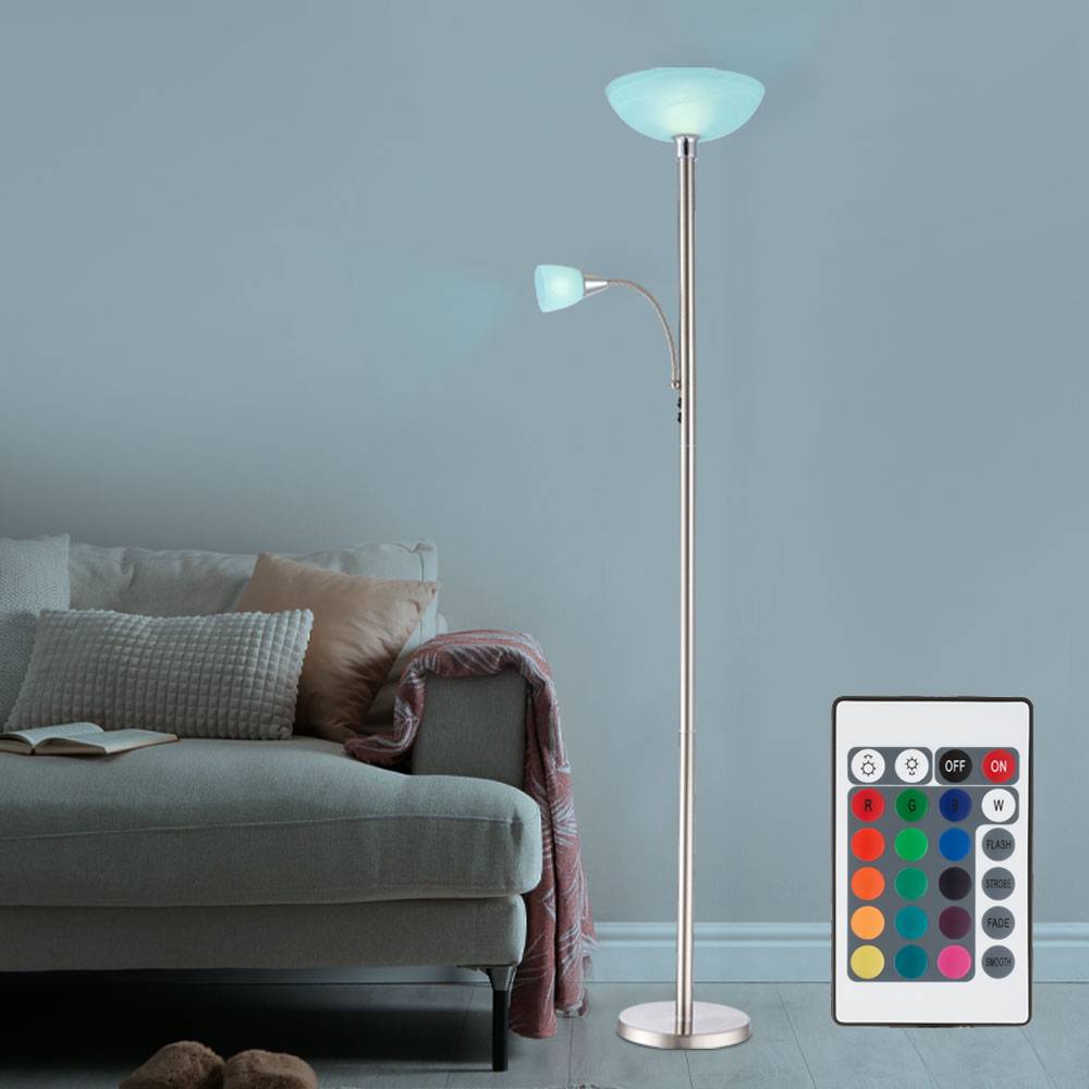 Stehleuchte Deckenfluter Wohnzimmerlampe Schlafzimmerleuchte Stehlampe, Metall Glas nickel Chrom, RGB LED dimmbar Fernbedienung, 1x E24 1x E27