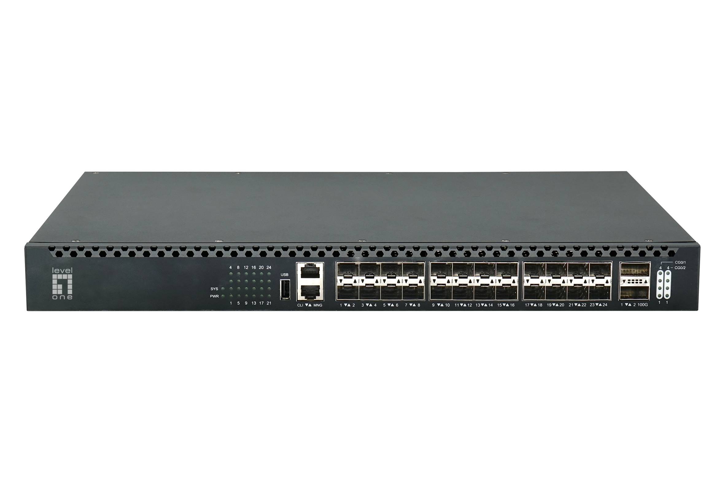 Vorderansicht eines Netzwerk-Switches zur Rackmontage mit mehreren Ethernet-Anschlüssen und zwei größeren Uplink-Anschlüssen auf der rechten Seite.