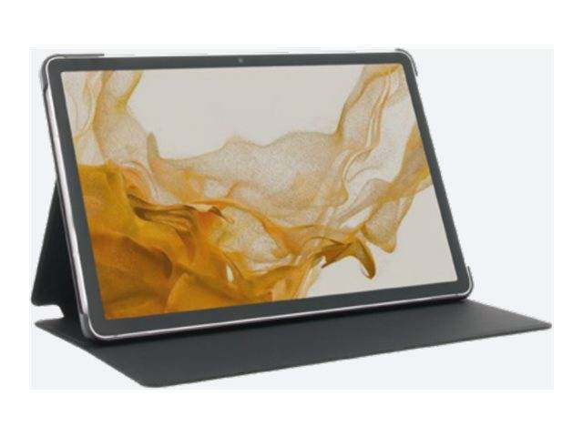 Tablet in einem schwarzen Folio-Ständer, auf dessen Bildschirm ein abstraktes Gold- und Weiß-Flüssigkeitsbild angezeigt wird.