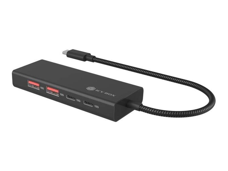 ICY BOX IB-HUB1436-CPD, USB 3.2 Gen 2 Hub, 1x Type-C® zu 2x Type-C® und 2x Type-A USB Anschlüssen 10 Gbit/S und Power Delivery bis zu 100 W, schwar
