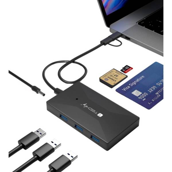 Ein USB-Hub mit drei Anschlüssen verbindet sich mit einem Laptop, dargestellt mit einer Visa-Karte und einer microSD-Karte in der Nähe.