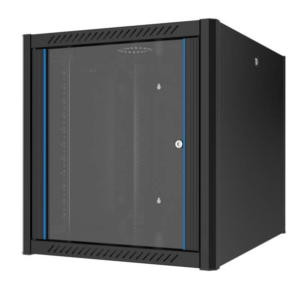 Ein schwarzer Metall-Rack-Schrank mit transparenter Fronttür, entwickelt zur Organisation und zum Schutz von Netzwerkgeräten.