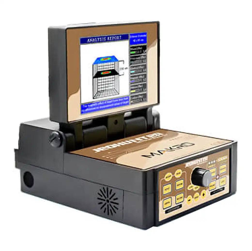 Elektronisches Tischgerät mit einem kleinen Monitor, der eine gitterbasierte Benutzeroberfläche anzeigt, und Steuerungstasten auf der Vorderseite, wahrscheinlich ein Mess- oder Analysegerät.