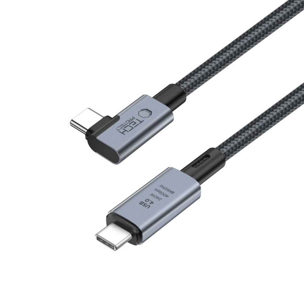 Ein geflochtenes USB-Typ-C-zu-Typ-C-Kabel mit einem L-förmigen Stecker, gekennzeichnet zum Schnellladen, entwickelt für strapazierfähige Nutzung und effiziente Konnektivität.