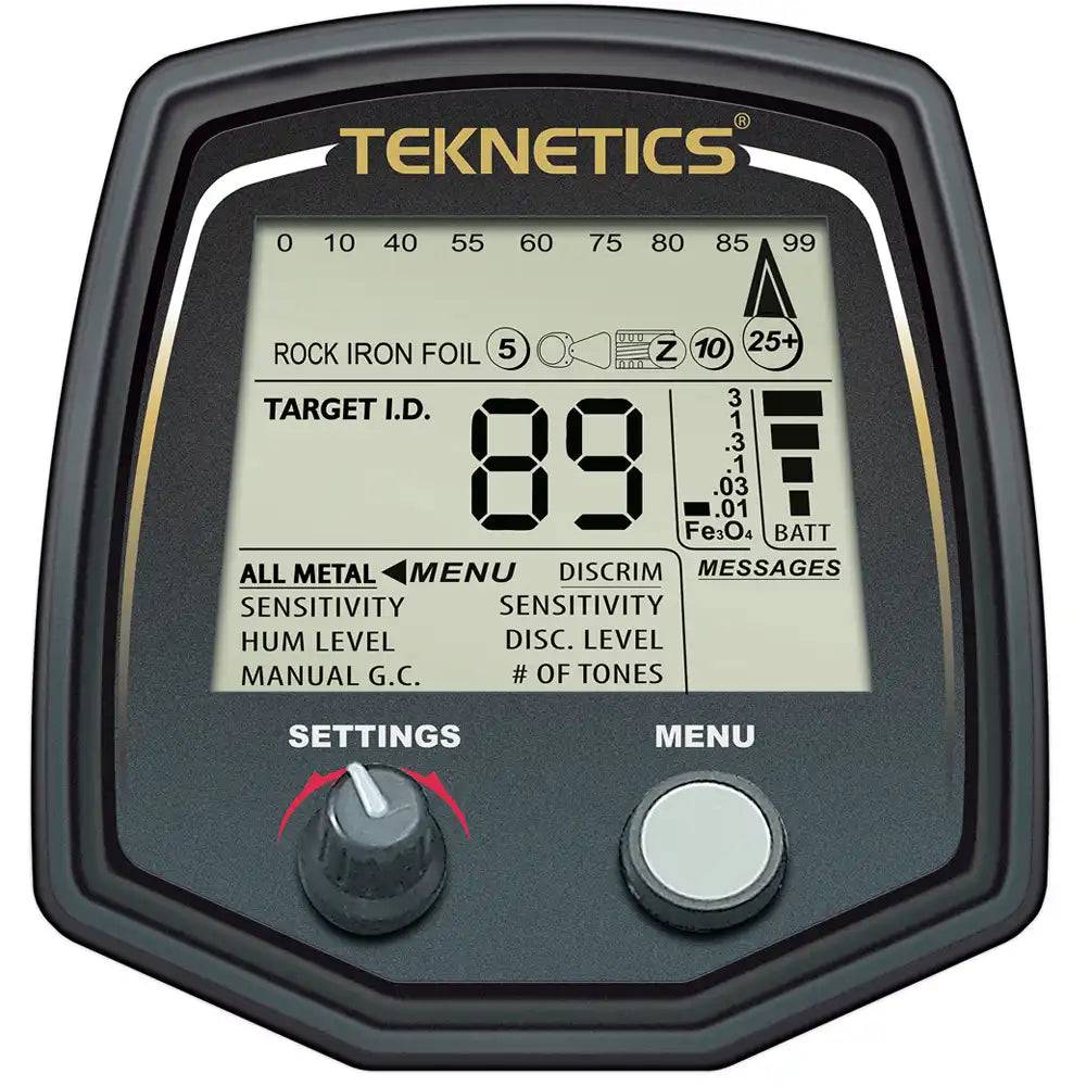 Teknetics Metalldetektor-Bedienfeld mit Zielkennung 89, Felsen-Eisen-Folie-Skala, Empfindlichkeits- und Diskriminierungseinstellungen, mit EINSTELLUNGEN und MENÜ-Knöpfen.
