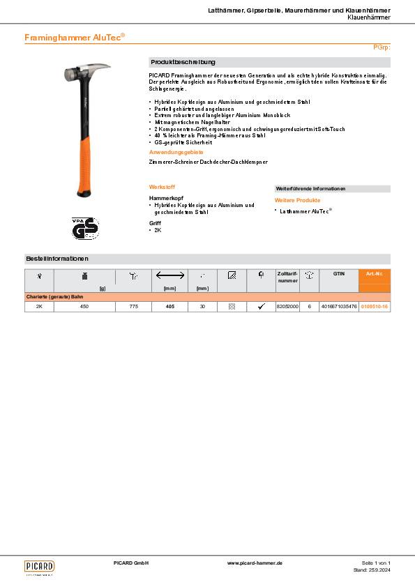Framinghammer AluTec® Kopf-G.450g Alu.u.geschmiedeter Stahl G.775g PICARD