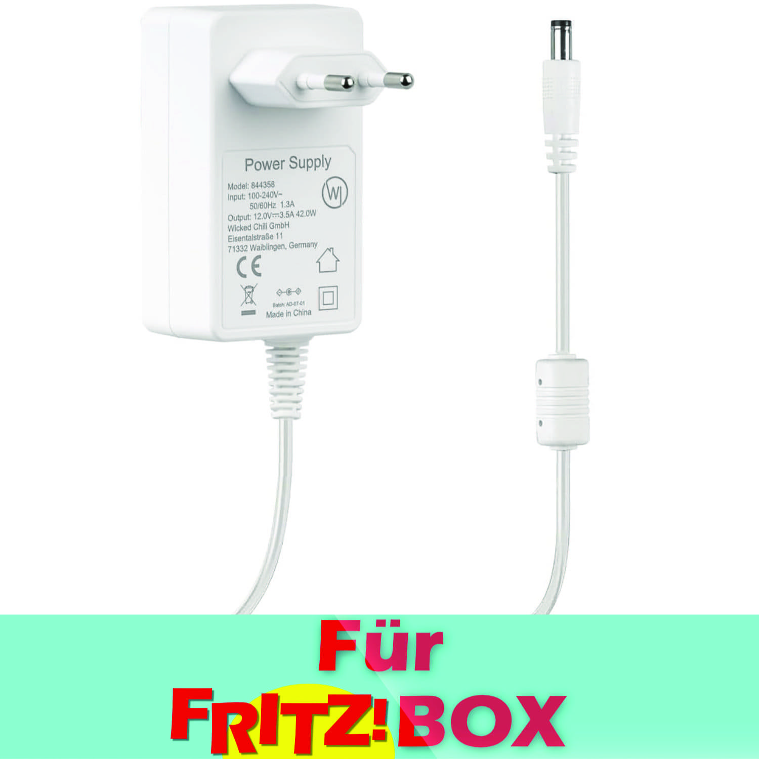 Wicked Chili 12V / 3,5A / 3m Netzteil extra lang für AVM Fritz!box WLAN Router und Repeater (AX, DSL, Cable, LTE) weiss