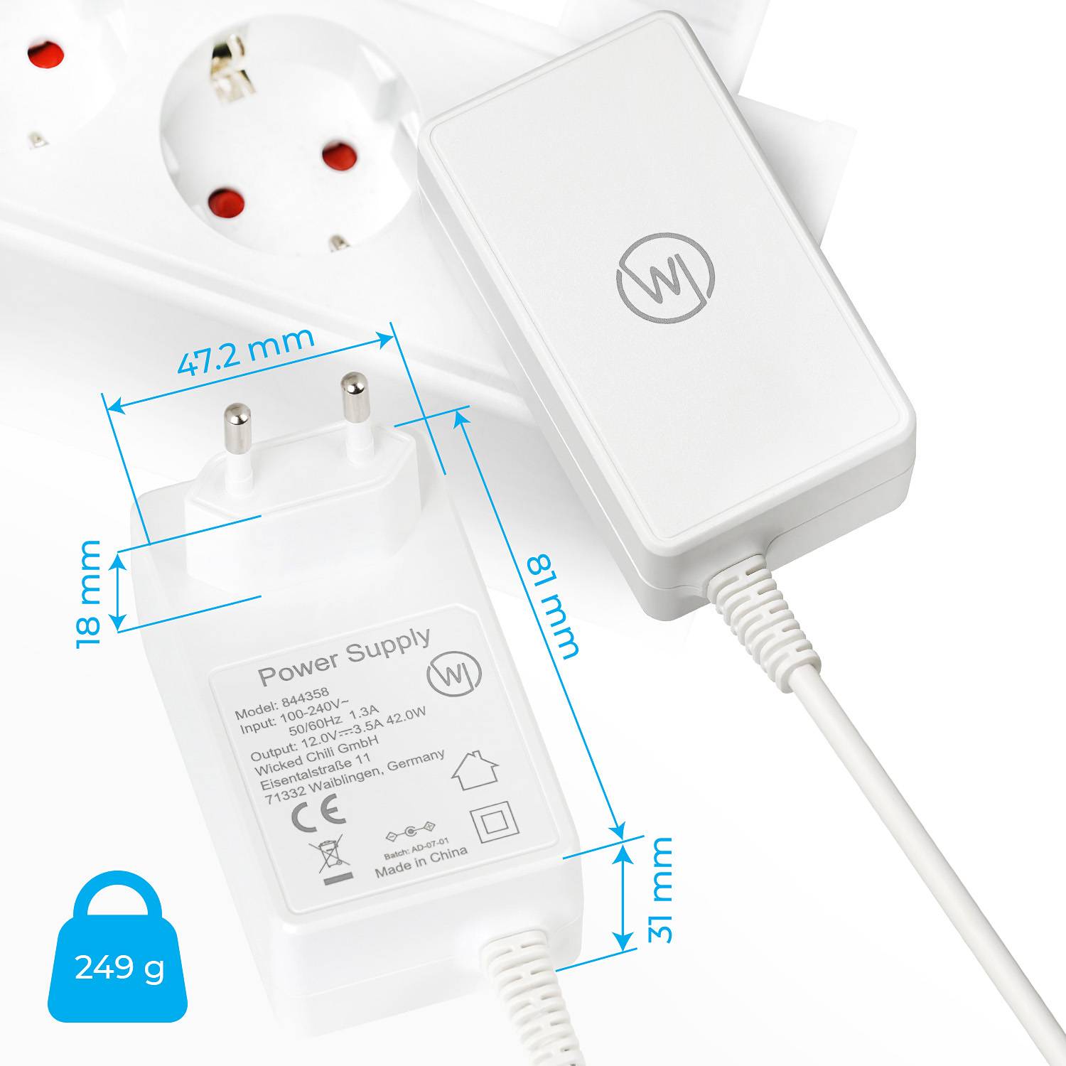 Wicked Chili 12V / 3,5A / 3m Netzteil extra lang für AVM Fritz!box WLAN Router und Repeater (AX, DSL, Cable, LTE) weiss