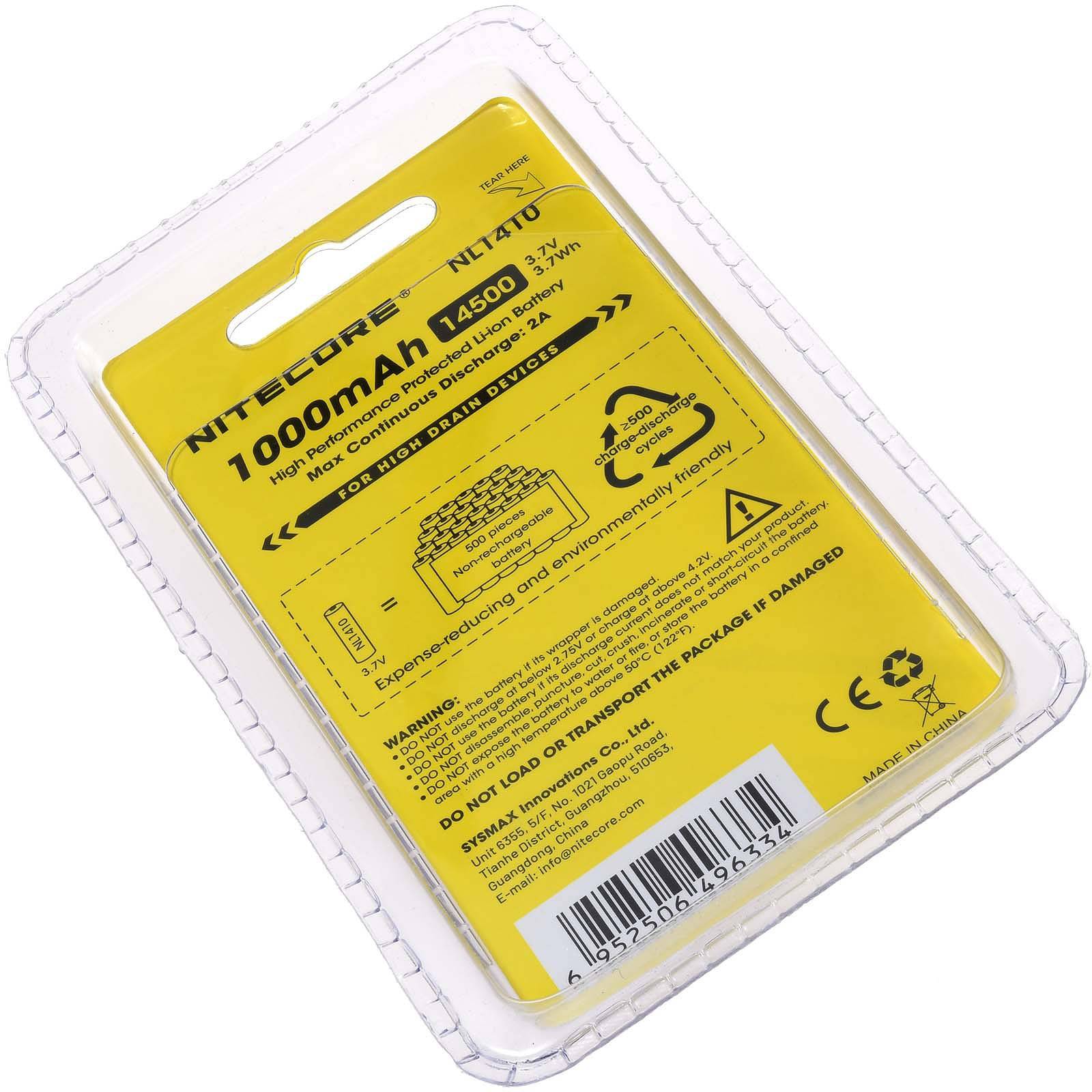 Nitecore Li-Ion Akku Typ 14500 NL1410 1000mAh, 3,7V, Li-Ion