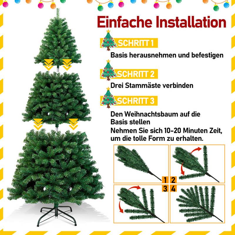 210cm Künstlicher Weihnachtsbaum, Tannenbaum mit Metallständer, Christbaum 900 Spitzen PVC Nadeln, Kunstbaum Weihnachten Klappsystem grün