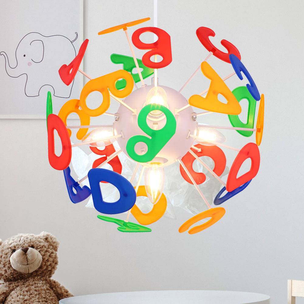 Smart Pendelleuchte Kinderzimmer Hängelampe Buchstaben Kinderlampe in Kugelform, bunt, App Steuerung CCT dimmbar, RGB LED 5W 470Lm, DxH 35x120 cm