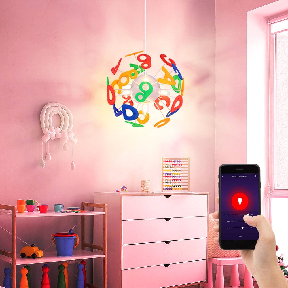 Smart Pendelleuchte Kinderzimmer Hängelampe Buchstaben Kinderlampe in Kugelform, bunt, App Steuerung CCT dimmbar, RGB LED 5W 470Lm, DxH 35x120 cm