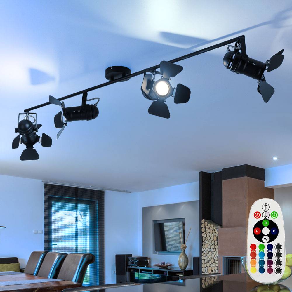 Deckenleuchte Deckenstrahler Esszimmerleuchte Spotleuchte Deckenlampen mit verstellbaren Filmspots, Metall schwarz, 4x GU10, RGB LED dimmbar