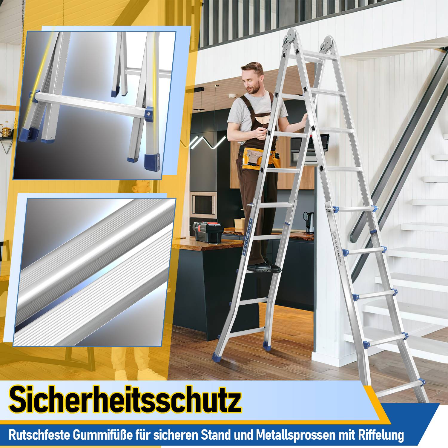 Mehrzweckleiter 4x5 Alu Multifunktionsleiter Teleskopleiter 513cm Silber bis 150kg