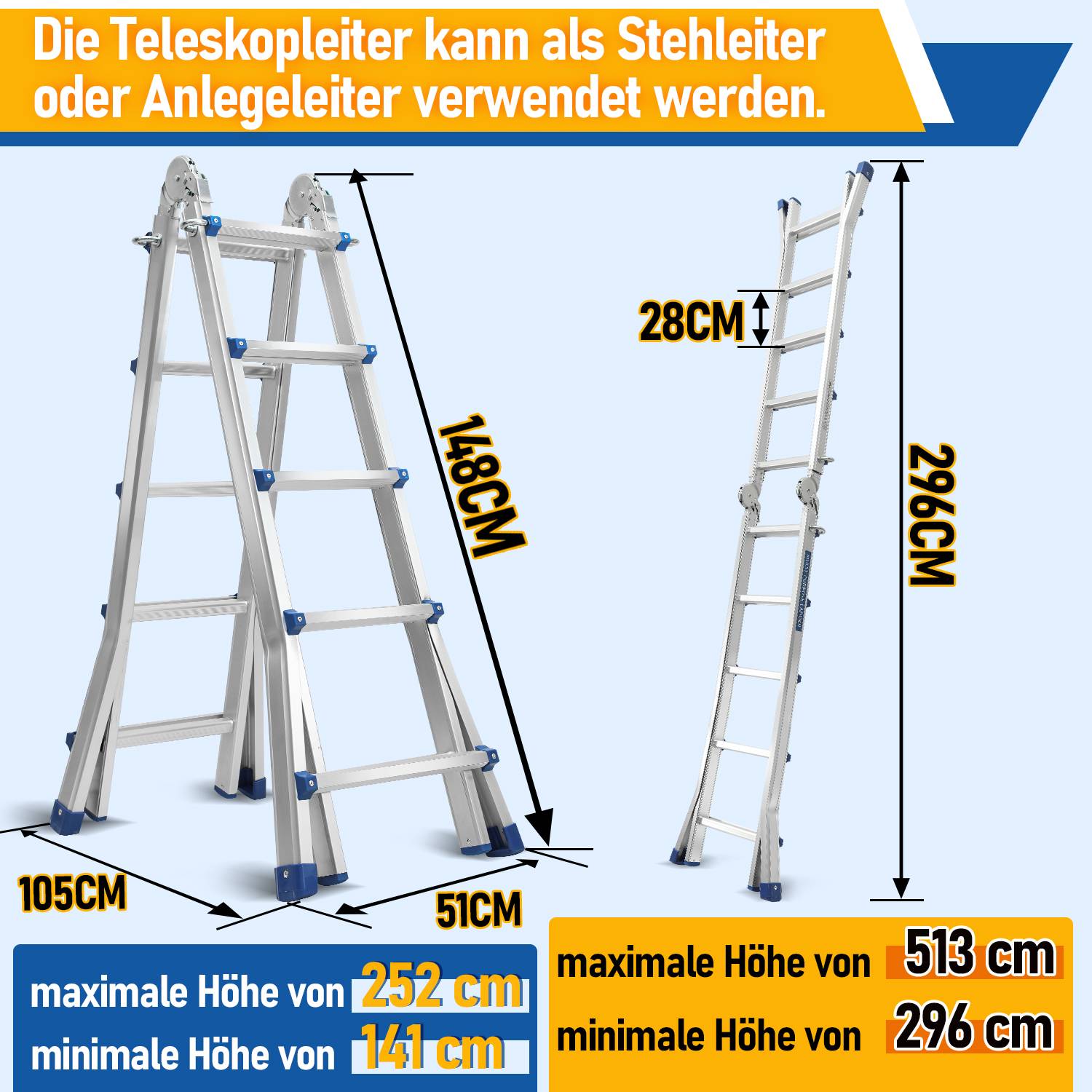 Teleskopleiter Alu Leichtgewicht 4x5 Ebene Silber multifunktion Multifunktionsleiter Mehrzweckleiter Ausziehbare aus Hochwertigem Aluminium Belastba