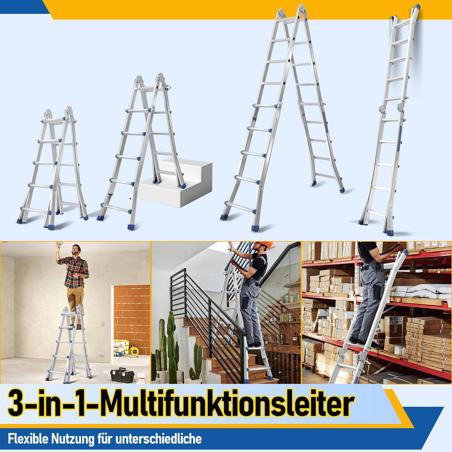 Mehrzweckleiter 4x5 Alu Multifunktionsleiter Teleskopleiter 513cm Silber bis 150kg