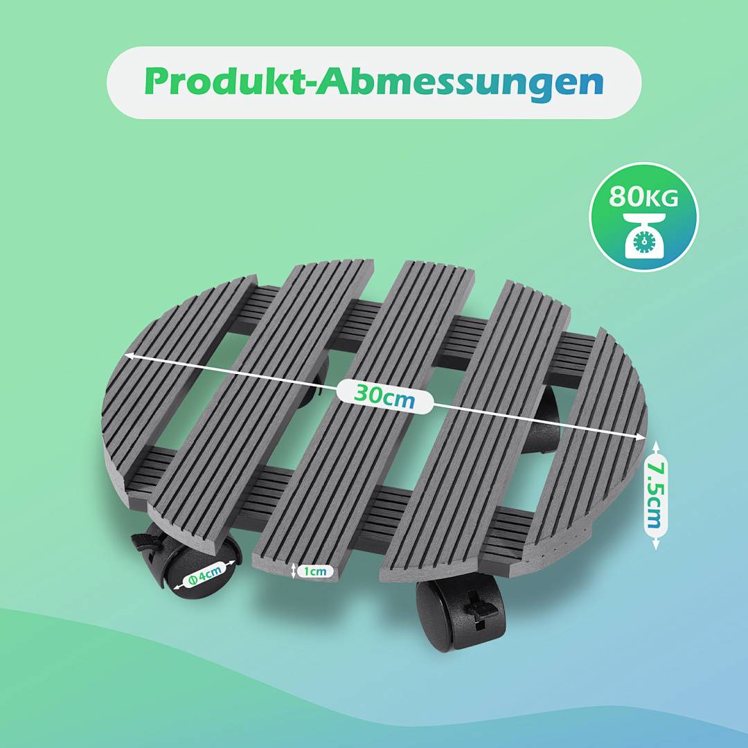 Produktabmessungen-Diagramm einer runden Plattform mit Rädern: 30 cm breit, 7,5 cm hoch, trägt 80 kg, mit Merkmalabmessungen von 4 cm und 1 cm dargestellt.