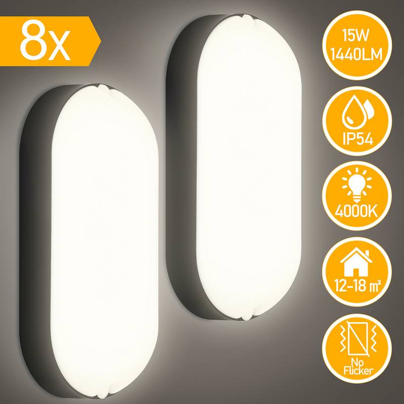 LED Feuchtraumleuchte Wasserdicht Deckenleuchten IP54 Wasserdicht Lampe Garage Keller 15W 8x