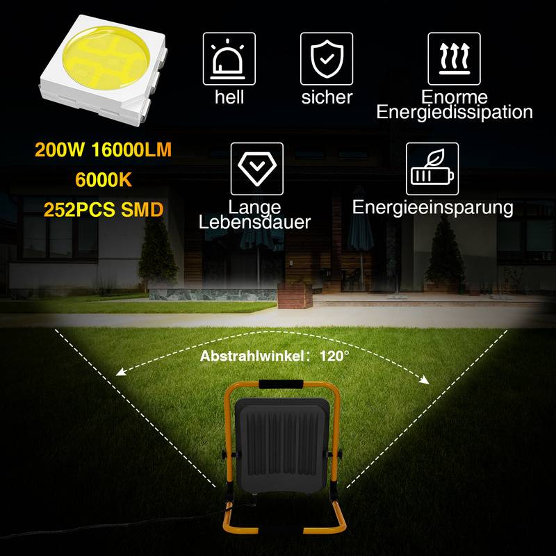 LED Baustrahler Fluter stativ 6000K Austellenlampe LED Fluter Floodlight IP66 200W