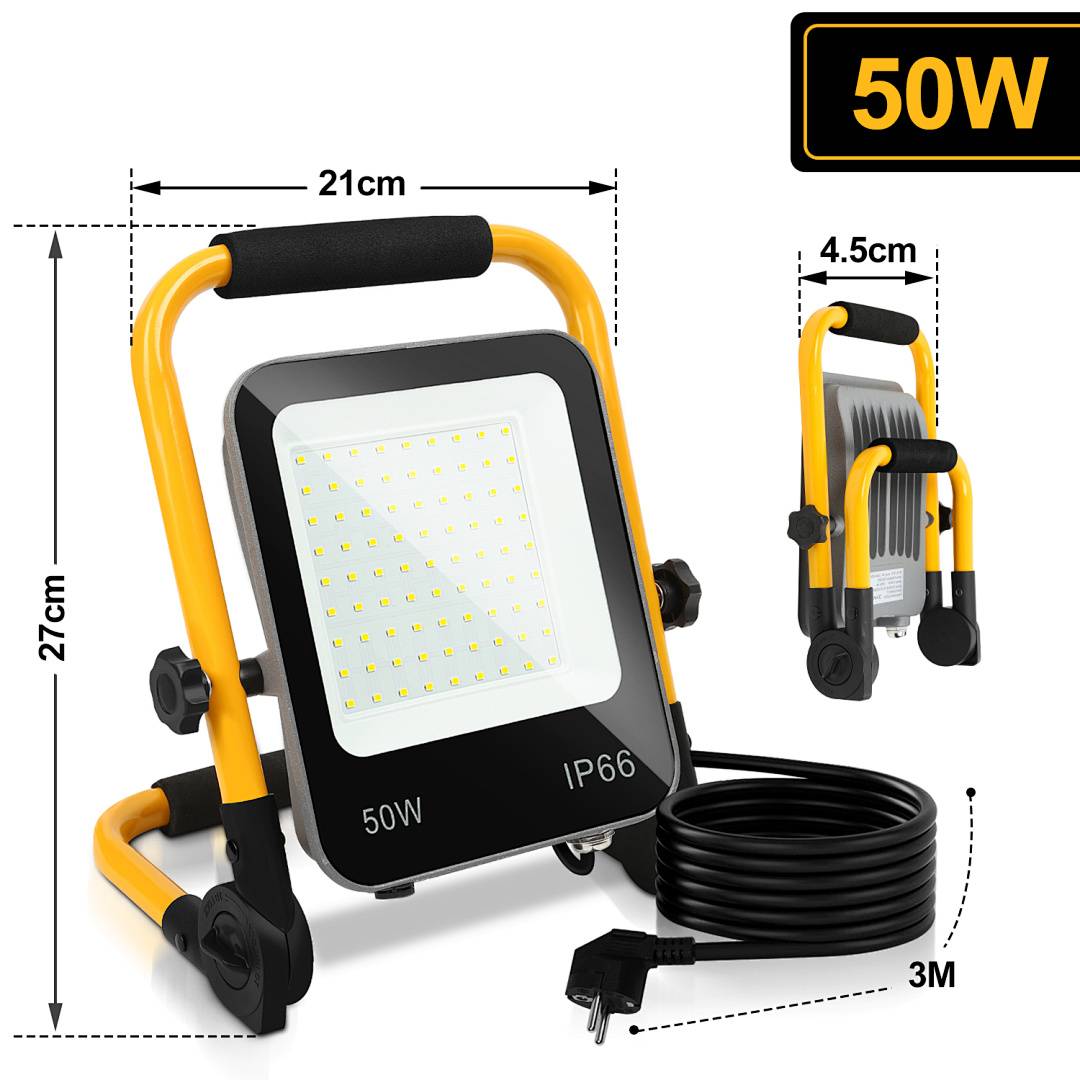 50W tragbare LED-Arbeitsleuchte mit Ständer, zeigt Abmessungen von 27 cm Höhe, 21 cm Breite, 4,5 cm Tiefe und ein 3 m langes Stromkabel, sowie eine kleinere Ansicht im zusammengeklappten Zustand.