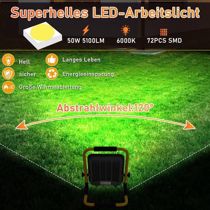 LED Baustrahler Fluter stativ Arbeitsleuchte 6000K LED Fluter Arbeitsscheinwerfer IP66 50W