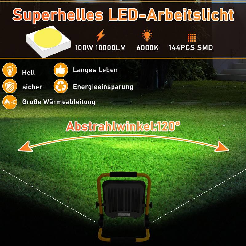 LED Baustrahler Fluter stativ Arbeitsleuchte 6000K LED Fluter Arbeitsscheinwerfer IP66 100W