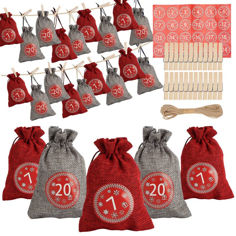 24 Adventskalender zum Befüllen, Stoffbeutel Geschenksäckchen Weihnachten für Weihnachtskalender, Adventskalender Säckchen mit 1-24 Adventszahlen