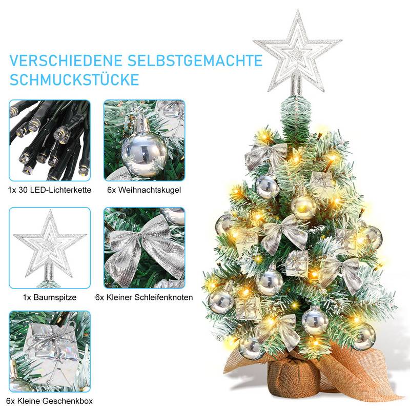 Mini Weihnachtsbaum mit 30 warmweiß LEDs 8 Licht Modi,Tannenbaum mit Stern-Baumspitze und Deko Batterie betrieben,Advent, Weihnachten,Silber