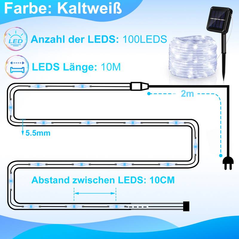12 M Solar Lichterkette Lichtschlauch LED Lichterkette 8 Lichtmodi Party Garten Innen Außen Deko Weihnachtsbeleuchtung