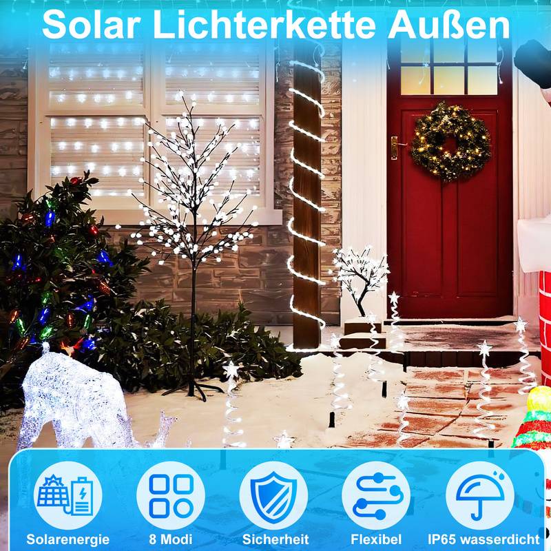 12 M Solar Lichterkette Lichtschlauch LED Lichterkette 8 Lichtmodi Party Garten Innen Außen Deko Weihnachtsbeleuchtung