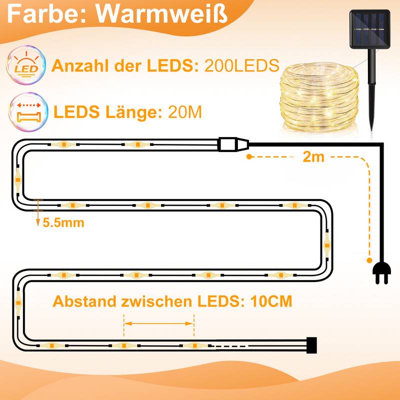 22 M Solar Lichterkette Lichtschlauch LED Lichterkette 8 Lichtmodi Party Garten Innen Außen Deko Weihnachtsbeleuchtung