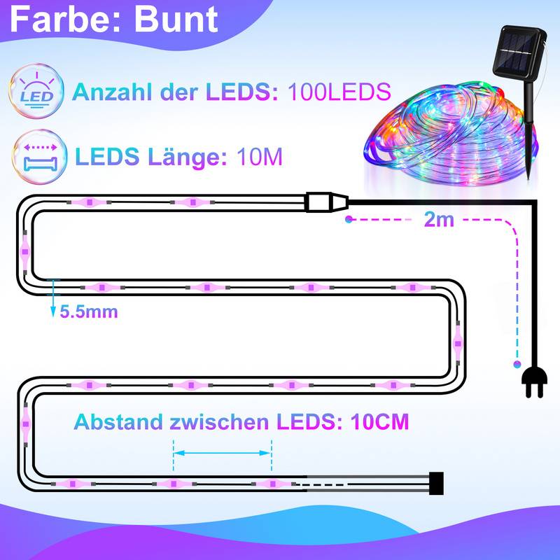 12 M Solar Lichterkette Lichtschlauch LED Lichterkette 8 Lichtmodi Party Garten Innen Außen Deko Weihnachtsbeleuchtung
