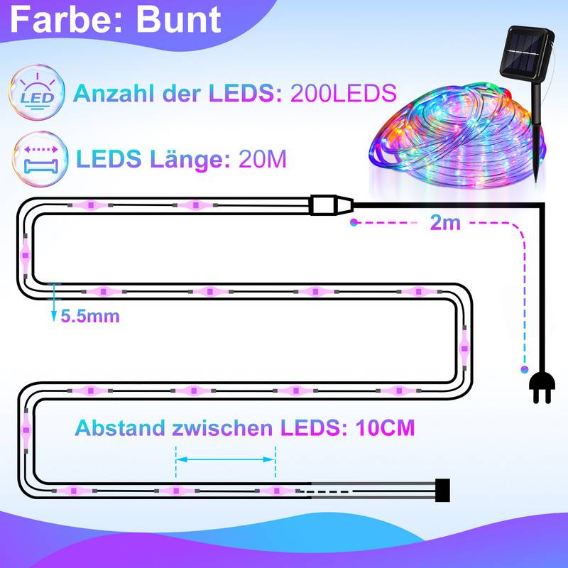 22 M Solar Lichterkette Lichtschlauch LED Lichterkette 8 Lichtmodi Party Garten Innen Außen Deko Weihnachtsbeleuchtung