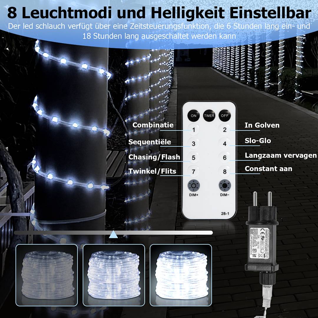 20M LED Lichterschlauch LED Lichterkette 8 Modi IP65 Wasserdicht Lichtschlauch Außen Garten Party Weihnachten Deko Kaltweiß