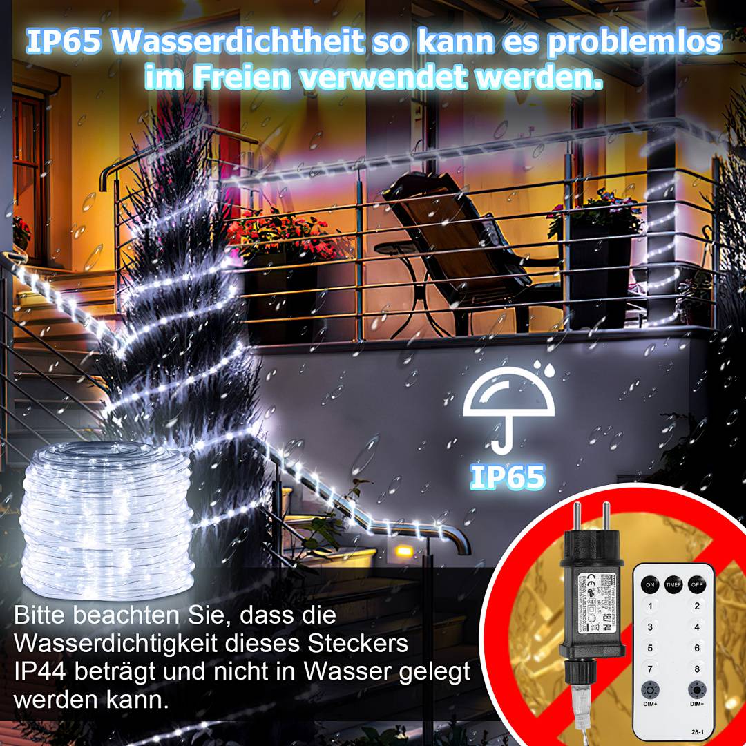 Outdoor-IP65-Lichterkette im Regen abgebildet; der Text besagt, dass sie im Freien verwendet werden kann, mit dem Hinweis, dass der Stecker nur IP44 ist und nicht ins Wasser getaucht werden darf.