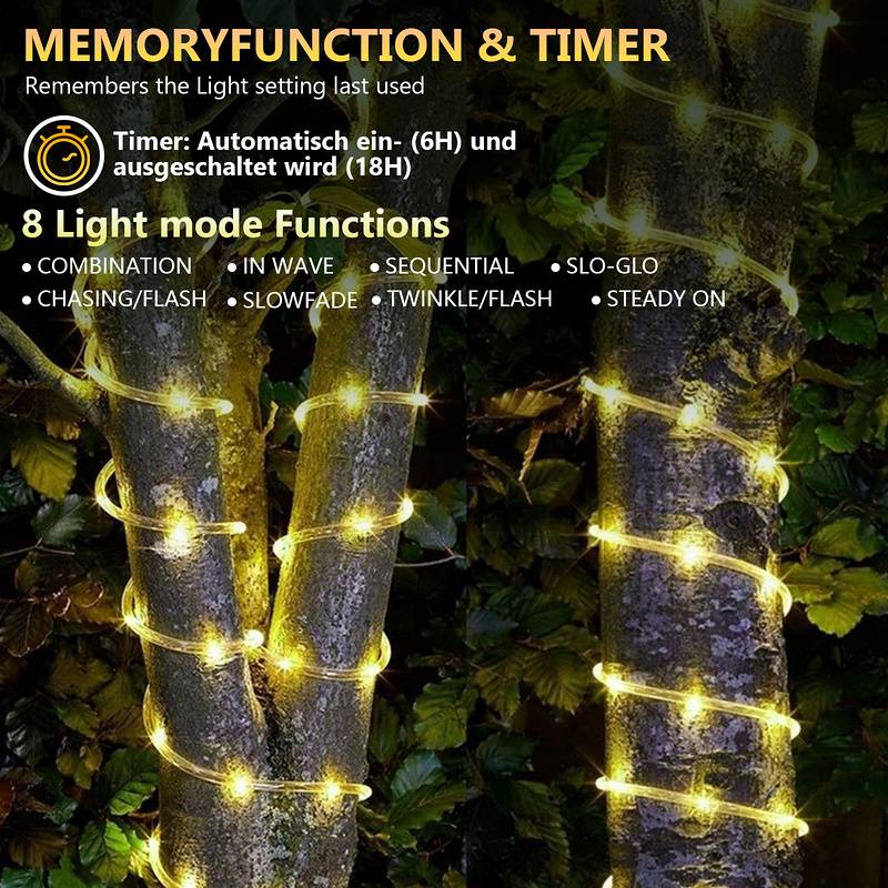 10M LED Lichterschlauch LED Lichterkette 8 Modi IP65 Wasserdicht Lichtschlauch Außen Garten Party Weihnachten Deko Warmweiß