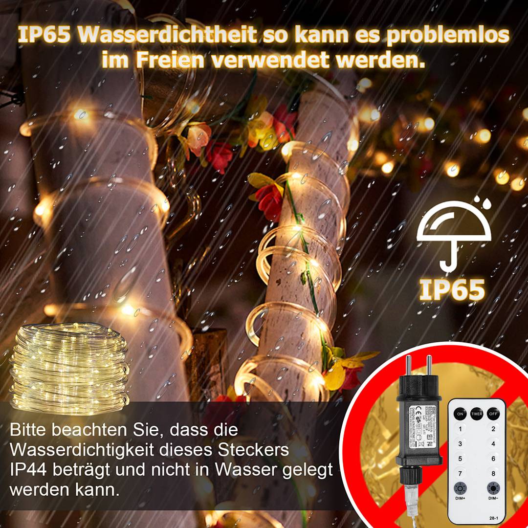 Werbebild von wasserfesten Lichterketten im Regen, gekennzeichnet mit IP65 für den Außenbereich, mit einer Warnung, dass der Aufkleber nur IP44 ist und nicht wasserdicht ist.