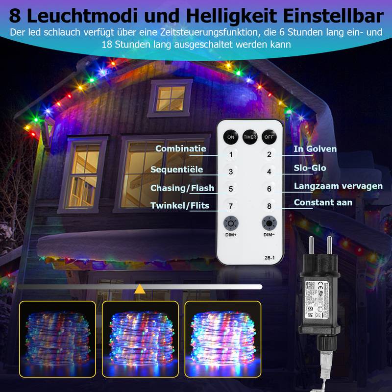 10M LED Lichterschlauch LED Lichterkette 8 Modi IP65 Wasserdicht Lichtschlauch Außen Garten Party Weihnachten Deko Bunt